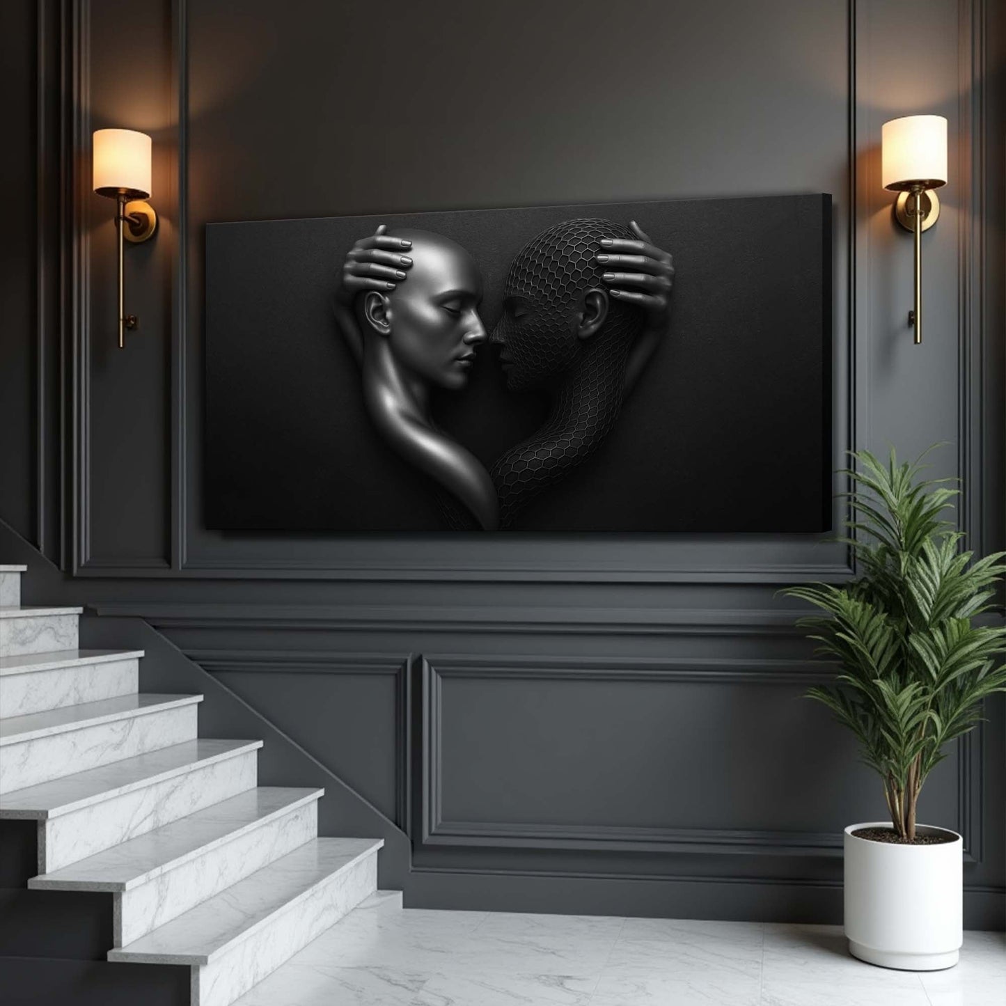 Eternal Love Figure Abstract Wall Art III canvas with two metallic heads embracing on a dark wall on Tampa Home & Garden Store
