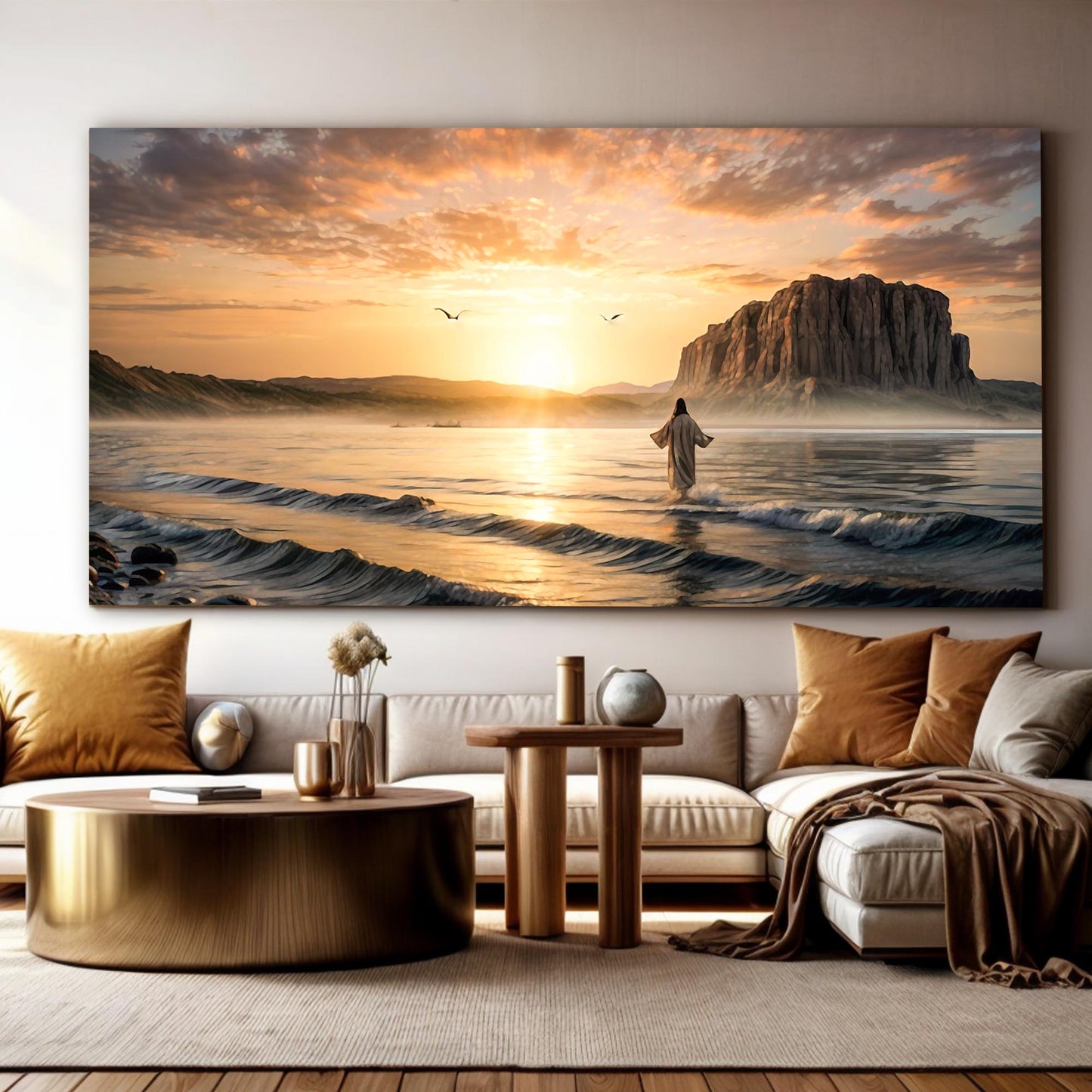 Walking on Water canvas wall art sunset over the sea with lone figure near rocky cliff on Tampa Home & Garden Store