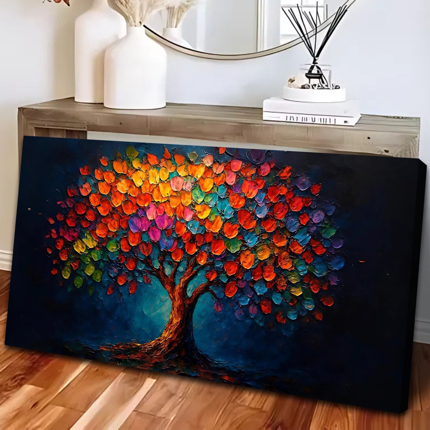 Rainbow Bloom Wall Art canvas by Tailored Canvases; colorful tree leaves on dark blue bg on Tampa Home & Garden Store