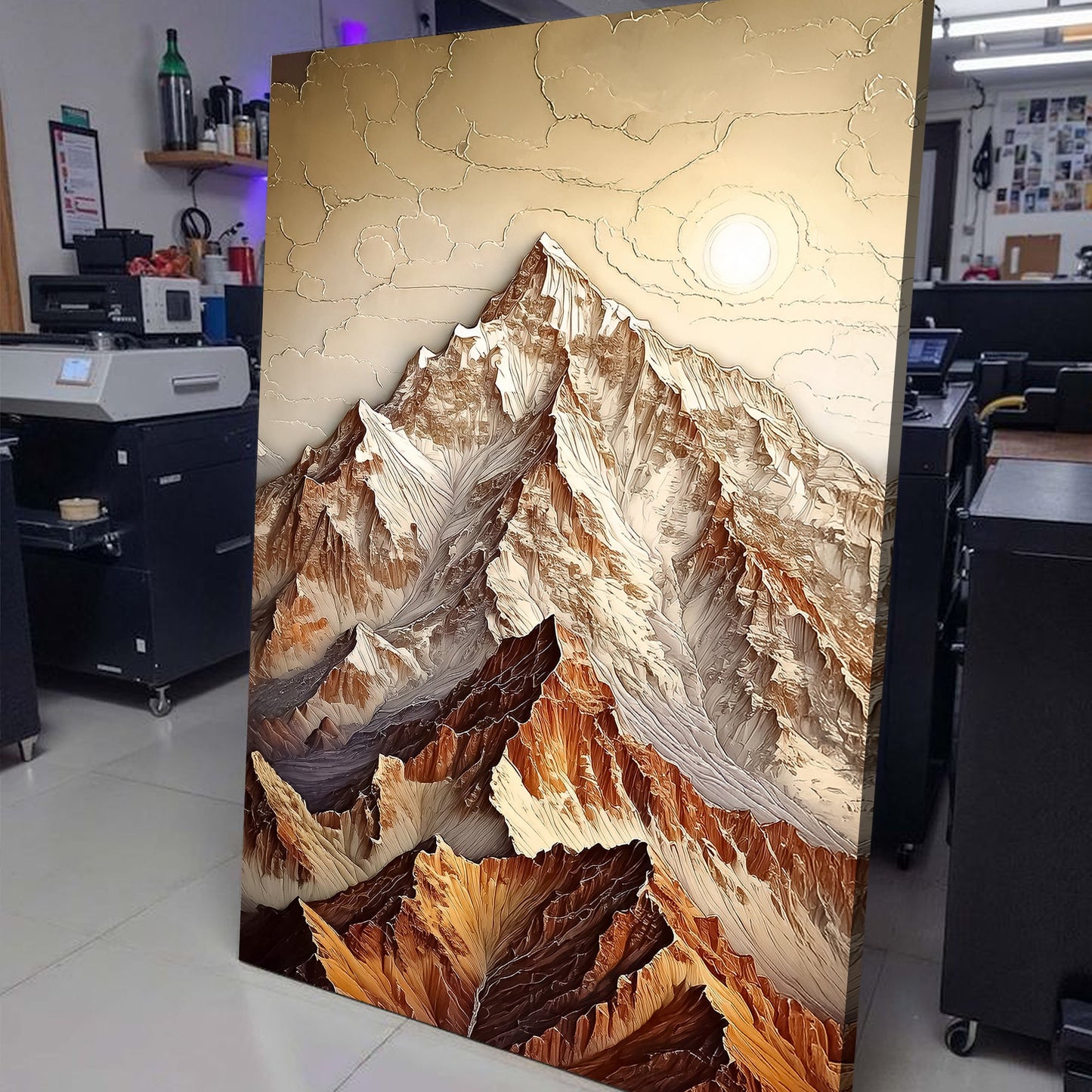 3D Minimalist Mountain Wall Art canvas with layered brown peaks and a bright sun on Tampa Home & Garden Store