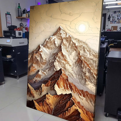 3D Minimalist Mountain Wall Art canvas with layered brown peaks and a bright sun on Tampa Home & Garden Store