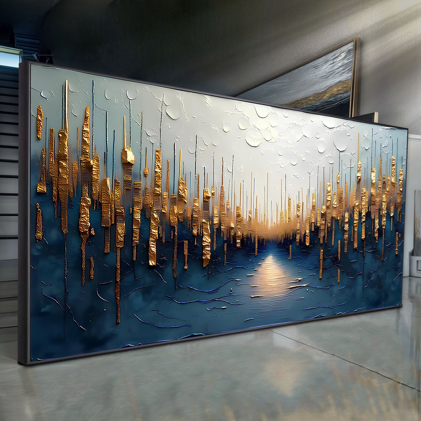 Golden Forest Reflection canvas wall art by Tailored Canvases with gold foil towers on blue on Tampa Home & Garden Store