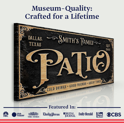 Canvas Personalized Patio Sign II by Tailored Canvases with textured surface and gold lettering on Tampa Home & Garden Store