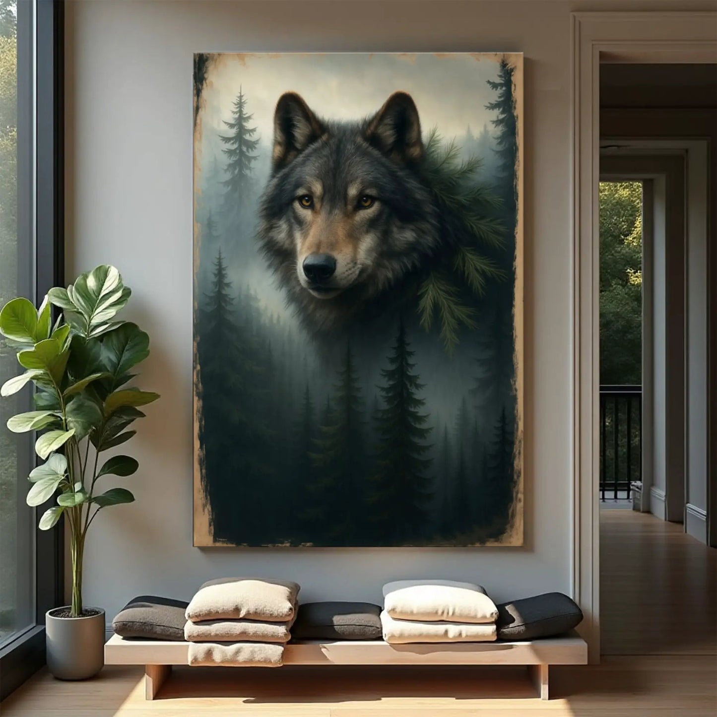 Wolf Double Exposure Wall Art V canvas with misty forest background by Tailored Canvases on Tampa Home & Garden Store
