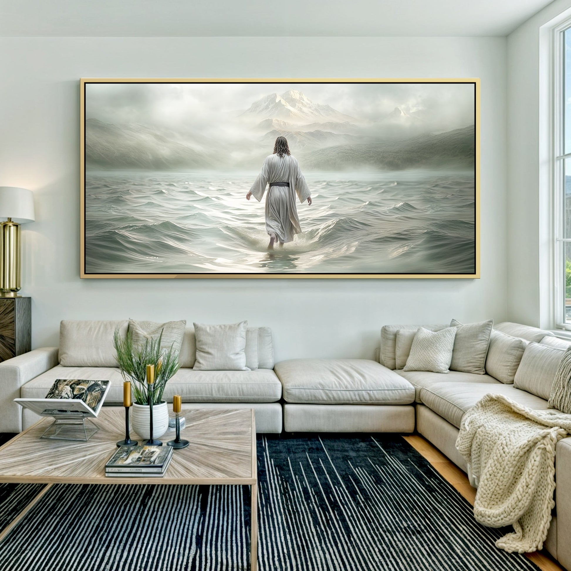 Walking on Water - Faith Wall Art VIII canvas; serene robed figure wading toward mountains on Tampa Home & Garden Store