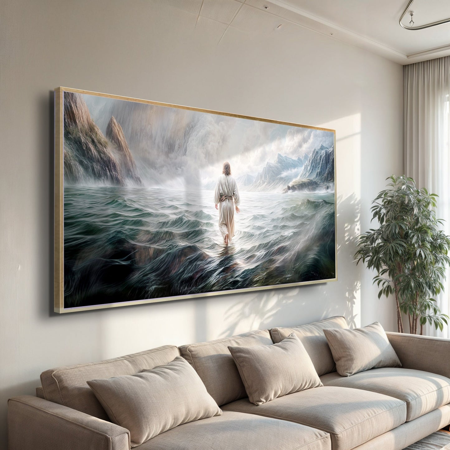 Walking on Water Faith Wall Art VII, Tailored Canvases, gold-framed seascape with robed figure on Tampa Home & Garden Store