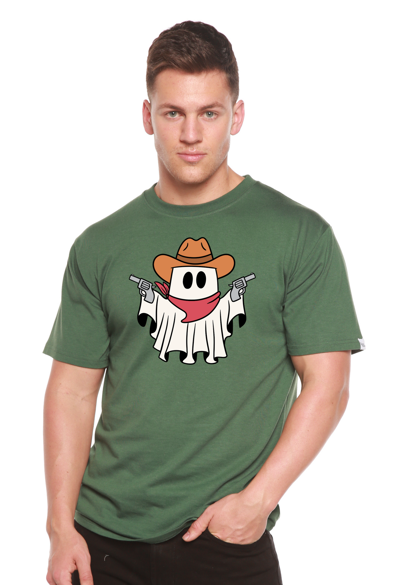 Green unisex bamboo short sleeve tee featuring cowboy ghost graphic with hat, scarf, and pistols on Tampa Home & Garden Store