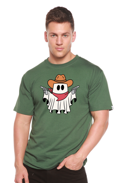 Green unisex bamboo short sleeve tee featuring cowboy ghost graphic with hat, scarf, and pistols on Tampa Home & Garden Store