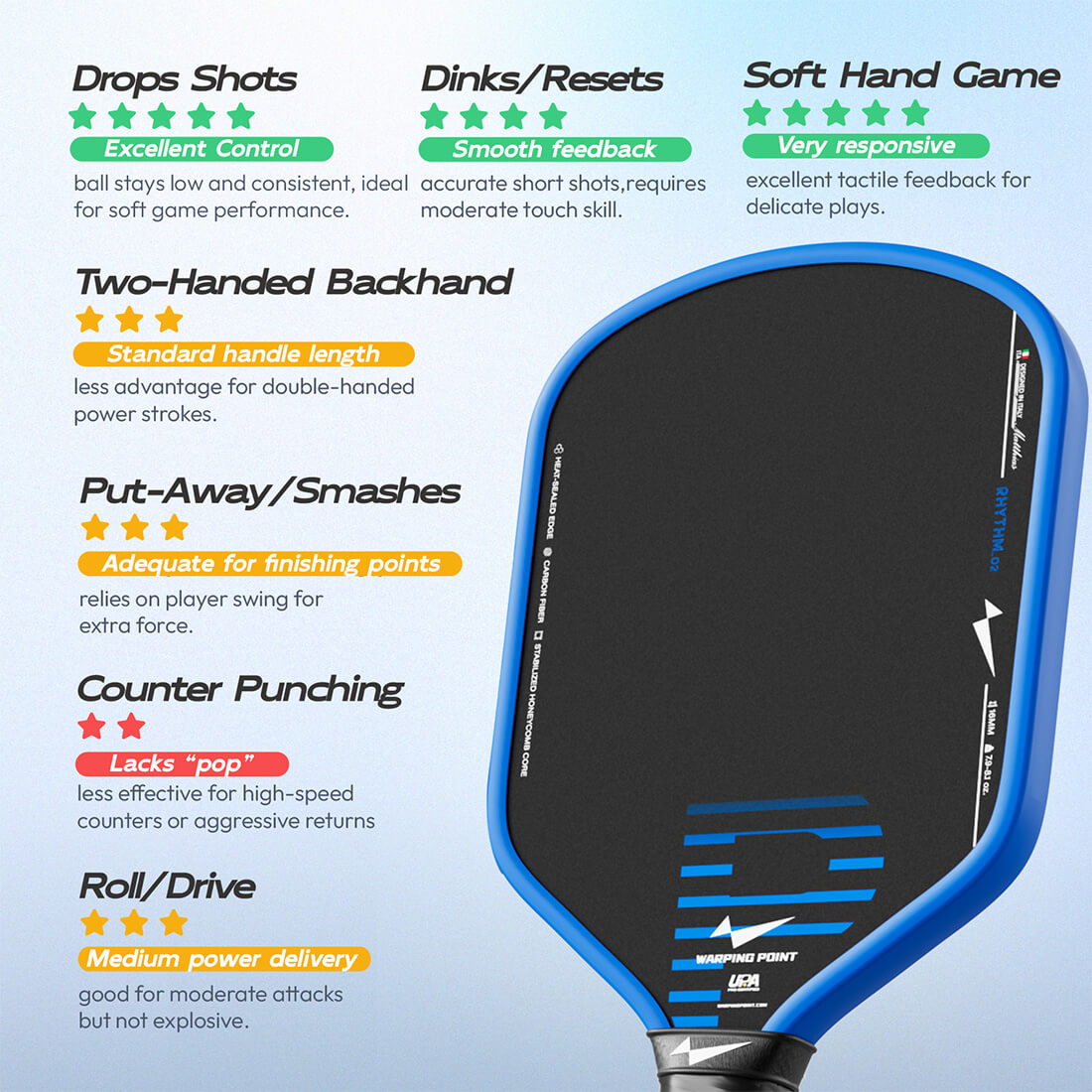 Rhythm Pickleball Paddle - Hybrid by Warping Point with blue edge frame and black hitting surface on Tampa Home & Garden Store