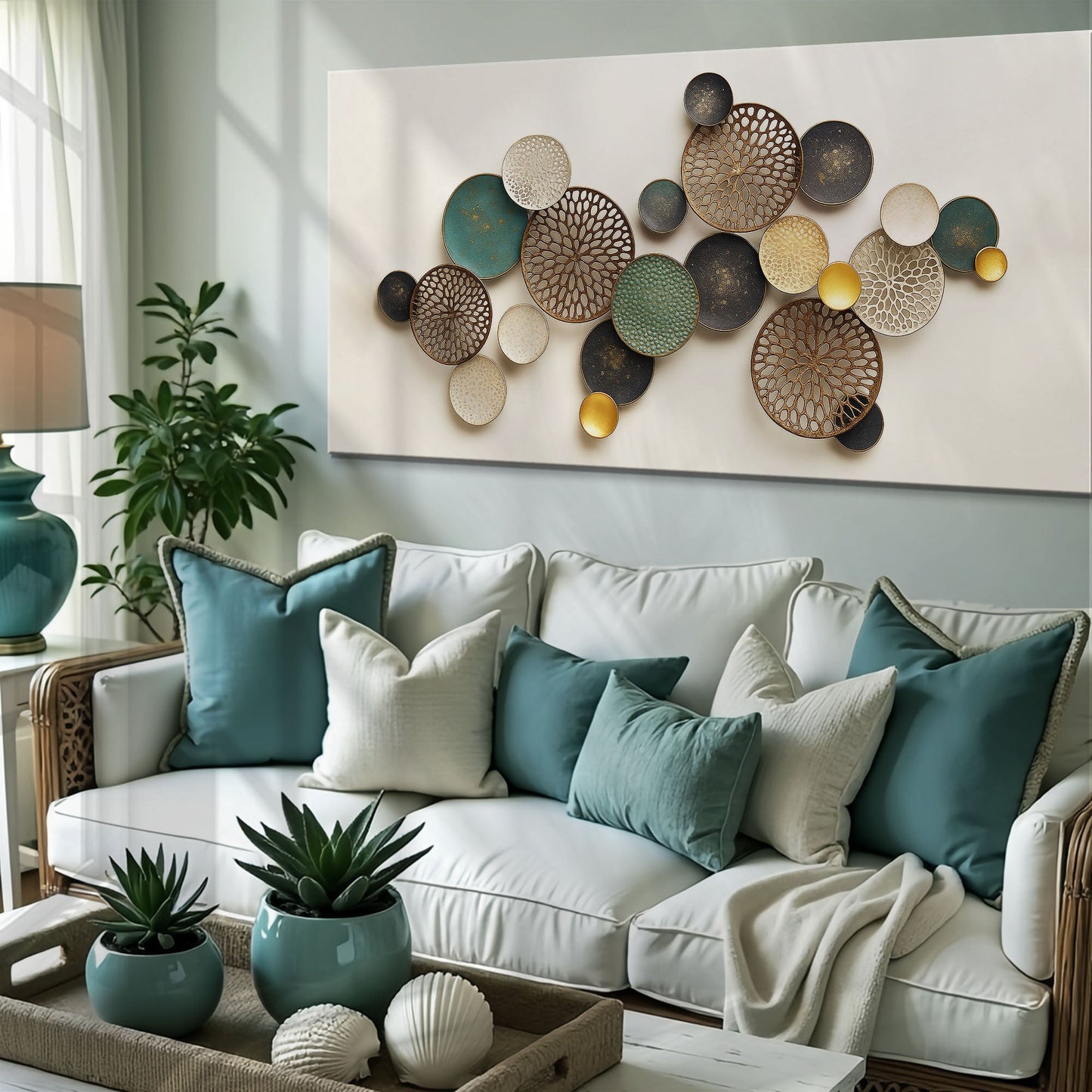 Lotus Leaf Abstract Wall Art II canvas with teal cream and gold lattice discs Tailored Canvases on Tampa Home & Garden Store