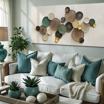 Lotus Leaf Abstract Wall Art II canvas with teal cream and gold lattice discs Tailored Canvases on Tampa Home & Garden Store