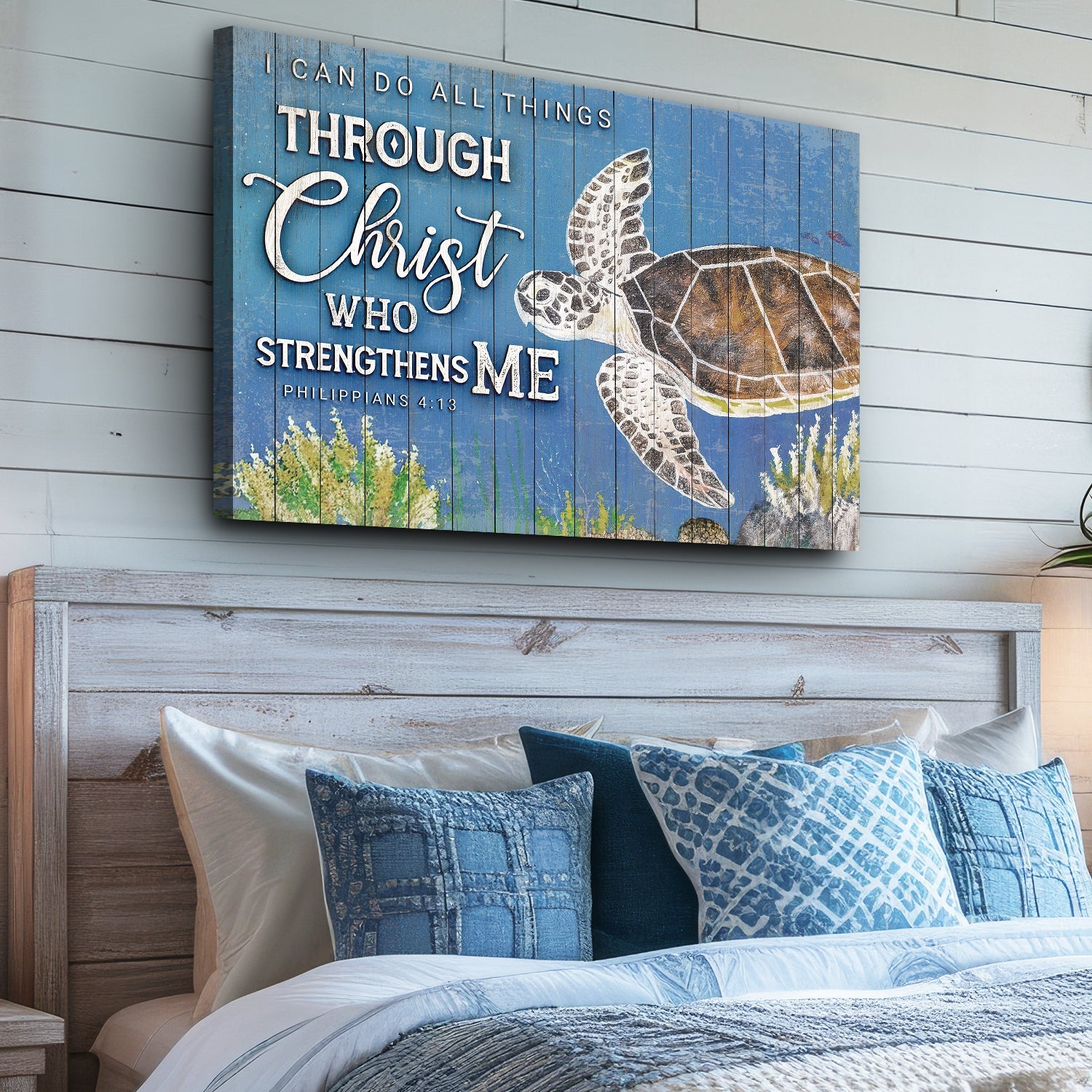 Canvas faith sign I Can Do All Things Through Christ Who Strengthens Me on blue wood with turtle on Tampa Home & Garden Store