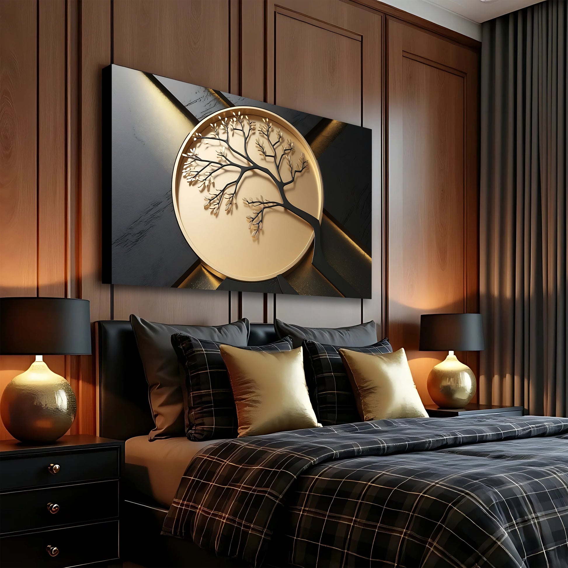 3D Celtic Tree of Life Wall Art VI canvas by Tailored Canvases; gold tree on dark backdrop on Tampa Home & Garden Store