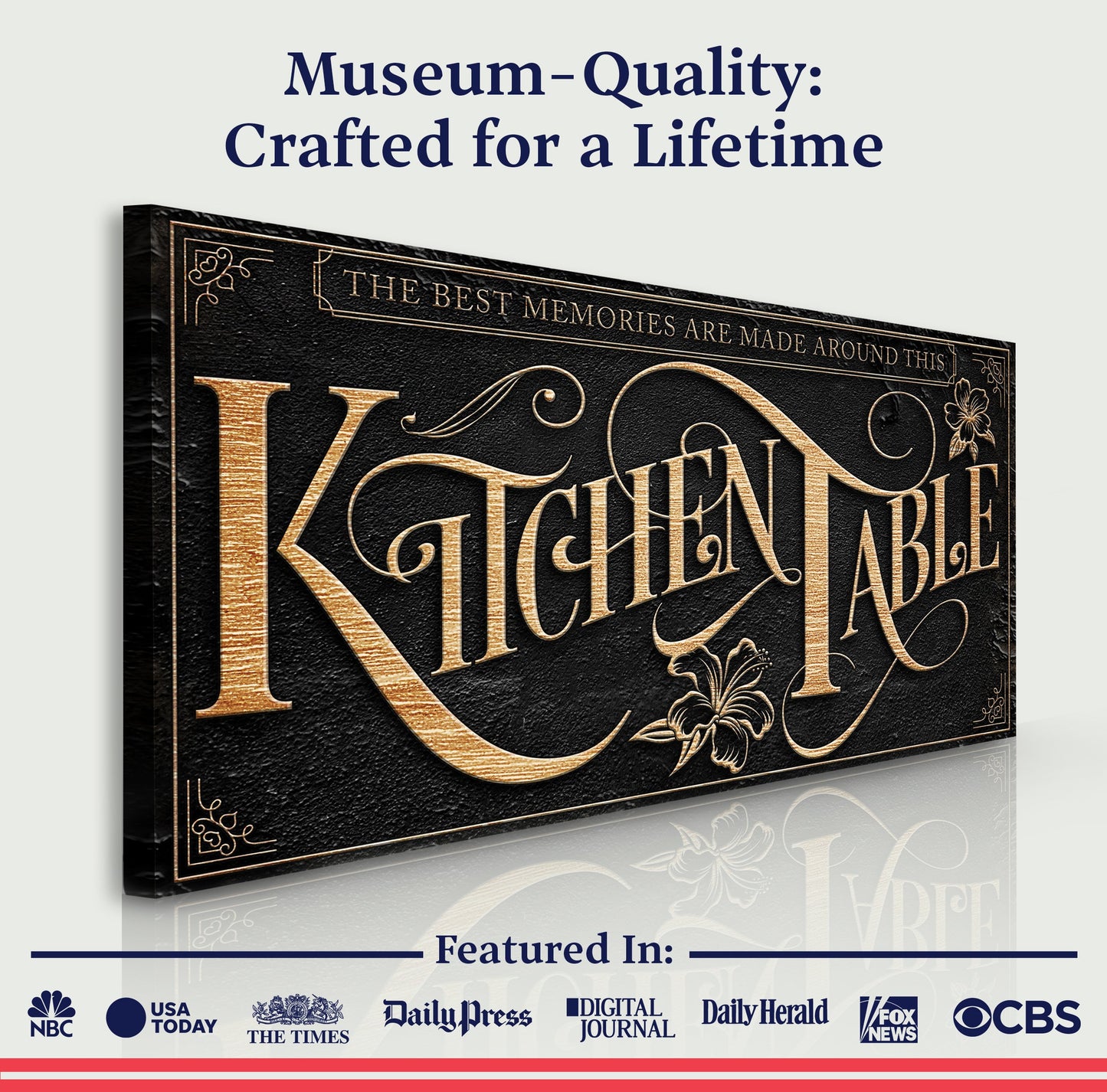 Kitchen Table Sign canvas by Tailored Canvases, black textured with gold foil lettering on Tampa Home & Garden Store
