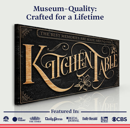 Kitchen Table Sign canvas by Tailored Canvases, black textured with gold foil lettering on Tampa Home & Garden Store