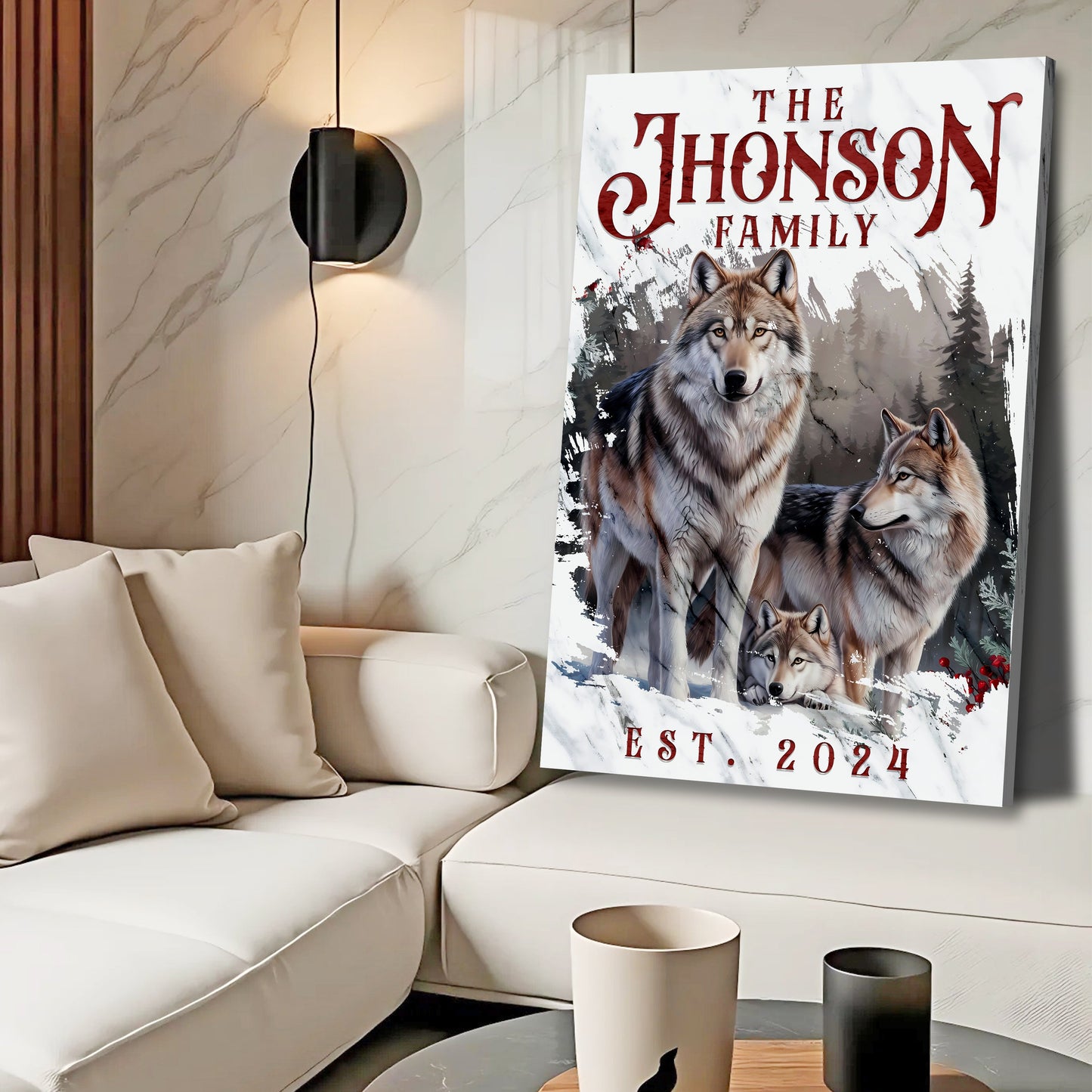 Personalized Wolf Family Wall Art canvas by Tailored Canvases with red typography and wolves on Tampa Home & Garden Store