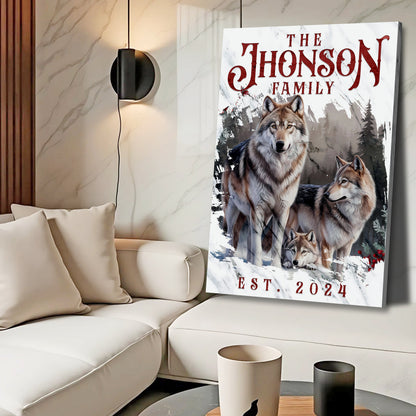 Personalized Wolf Family Wall Art canvas by Tailored Canvases with red typography and wolves on Tampa Home & Garden Store