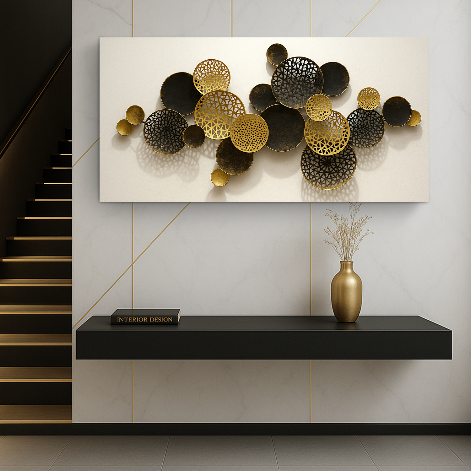 Lotus Leaf Abstract Wall Art V canvas with gold and black lattice discs Tailored Canvases on Tampa Home & Garden Store