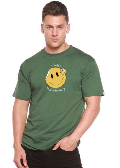 Spun Bamboo men's olive green graphic tee with yellow smiley circle and Always Keep Smiling text on Tampa Home & Garden Store
