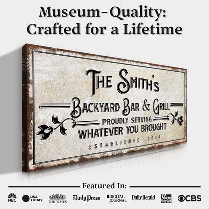 Backyard Bar & Grill Sign canvas by Tailored Canvases, rustic beige with brown edges on Tampa Home & Garden Store