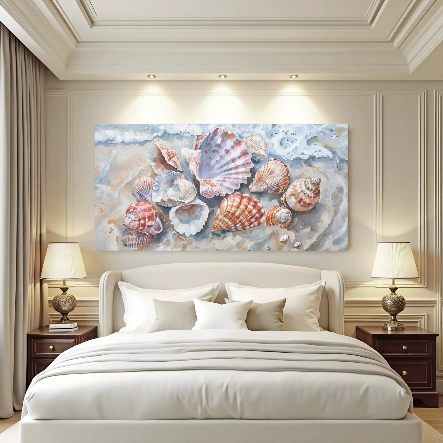 Sea Shells Modern Coastal Canvas Wall Art by Tailored Canvases, seashells on blue ocean backdrop on Tampa Home & Garden Store