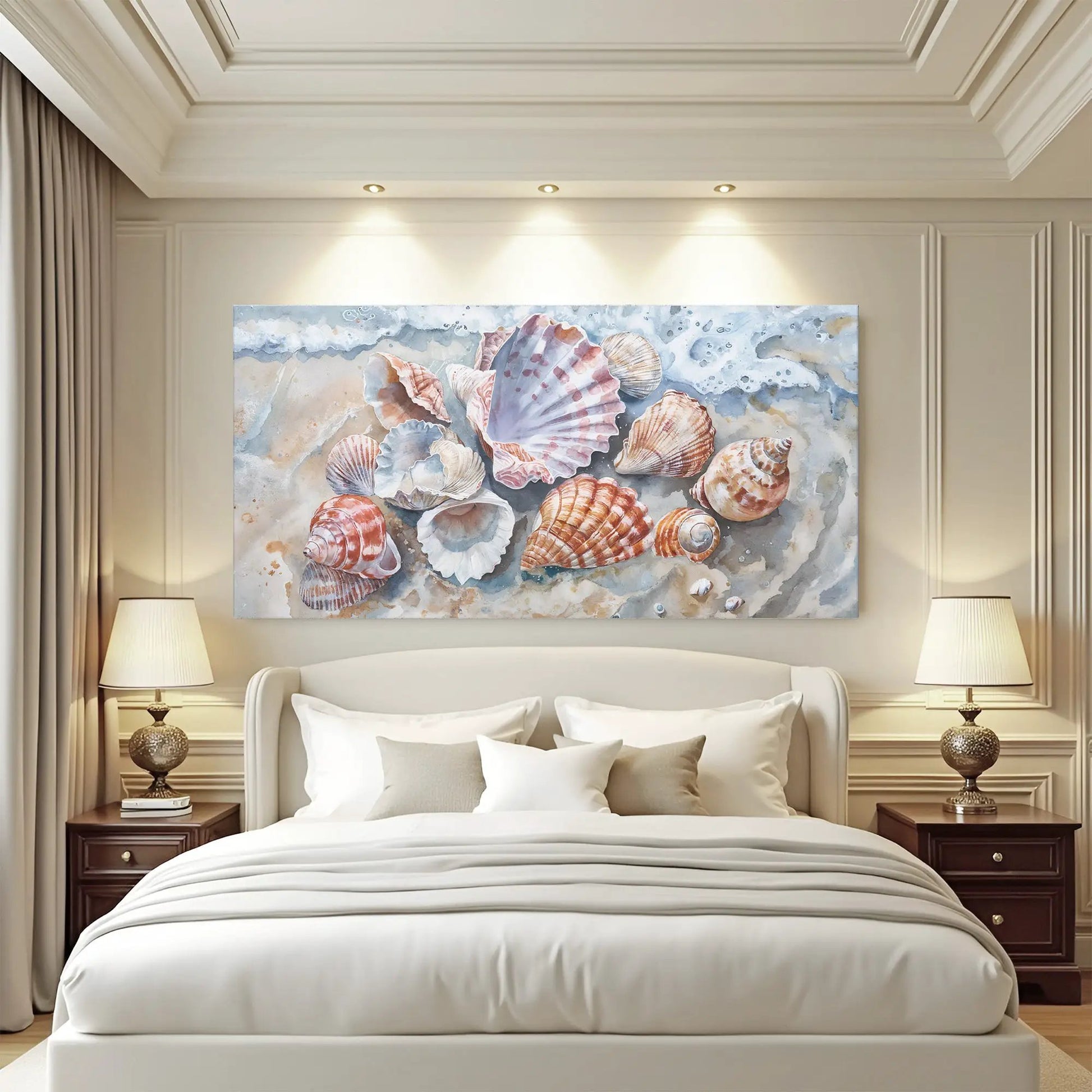 Sea Shells Modern Coastal Canvas Wall Art by Tailored Canvases, seashells on blue ocean backdrop on Tampa Home & Garden Store