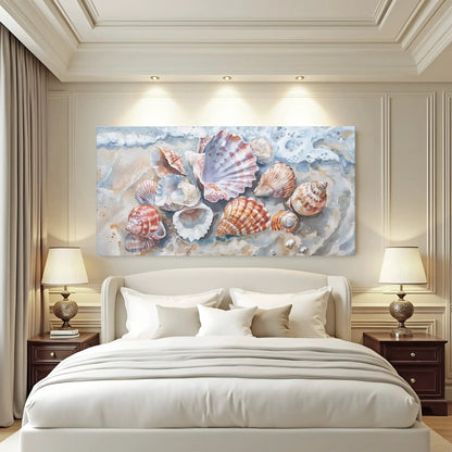 Sea Shells Modern Coastal Canvas Wall Art by Tailored Canvases, seashells on blue ocean backdrop on Tampa Home & Garden Store