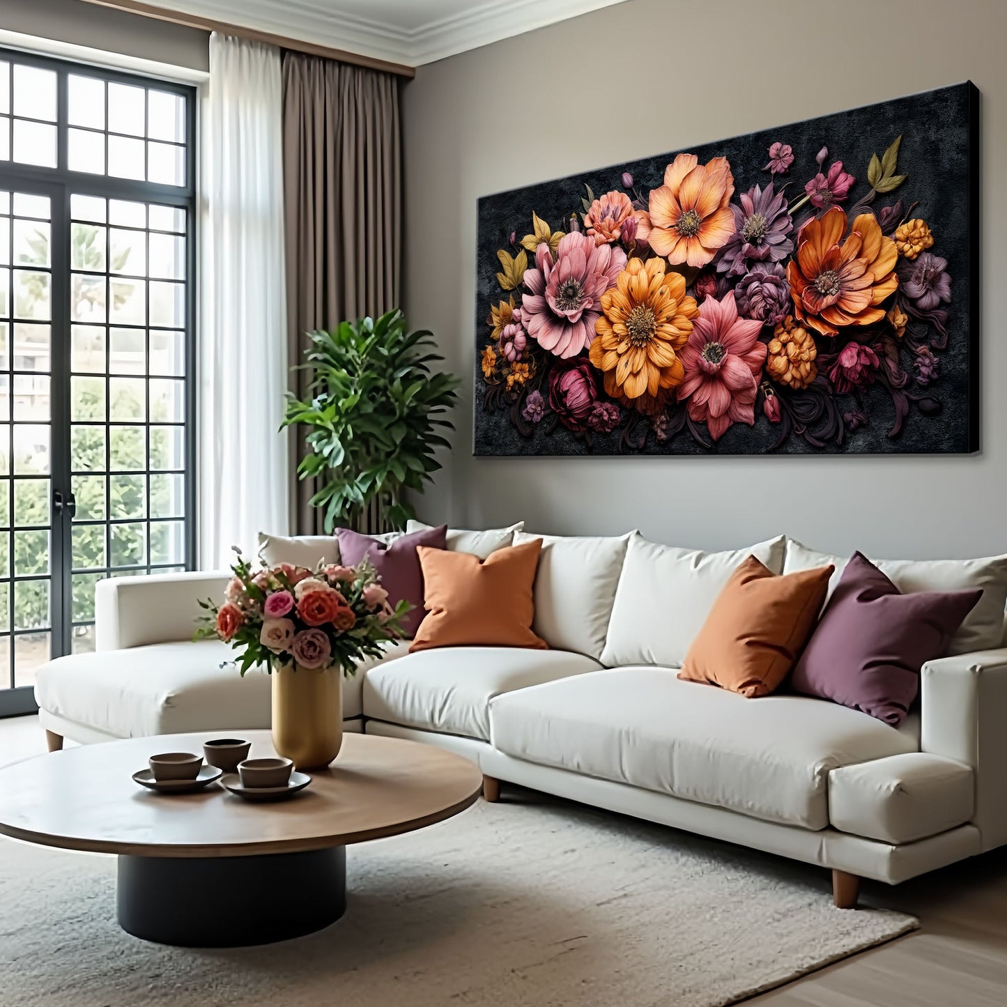Canvas Floral Wall Art; orange and pink blooms on dark backdrop on Tampa Home & Garden Store