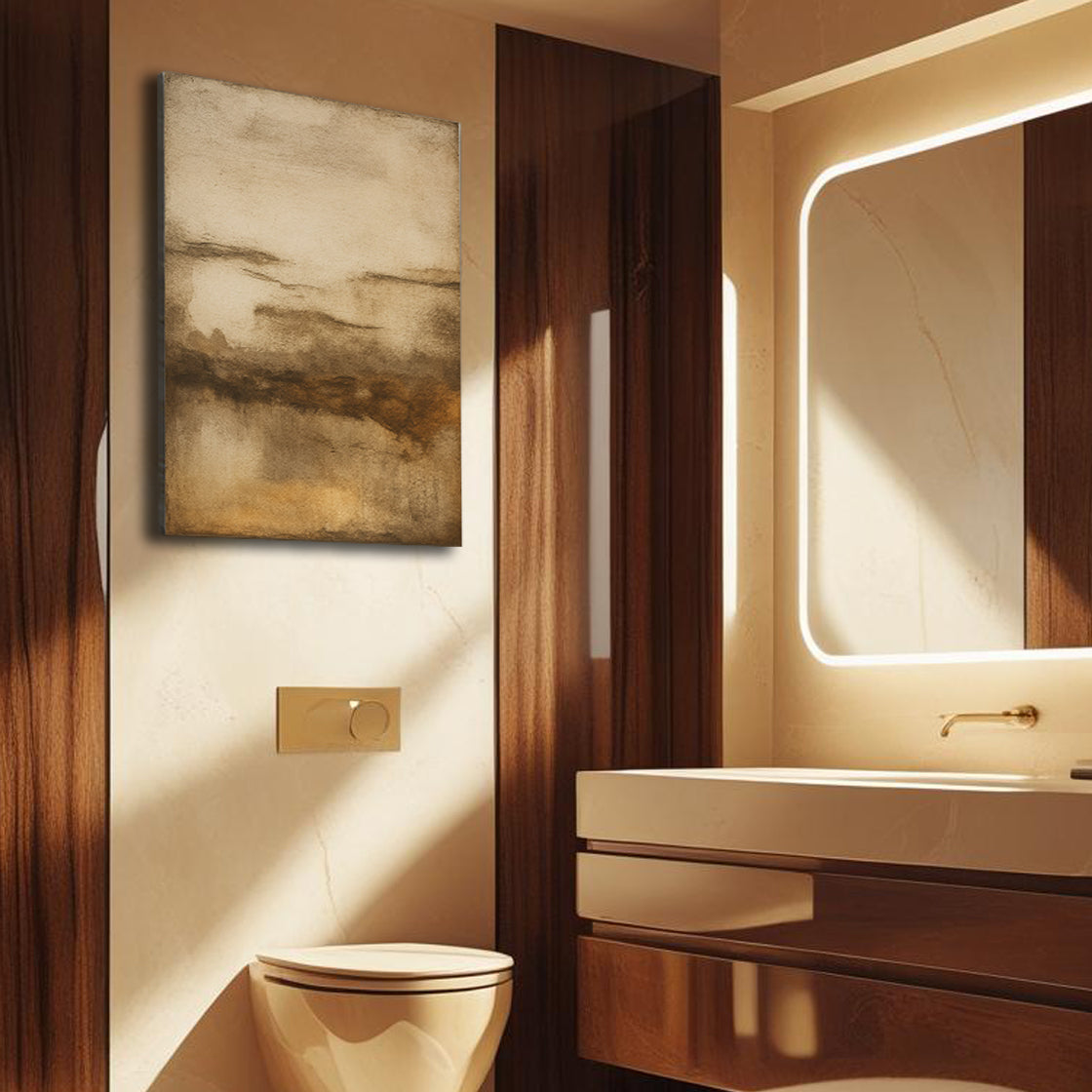 Neutral Abstract Wall Art canvas by Tailored Canvases in gold beige tones in a modern bathroom on Tampa Home & Garden Store