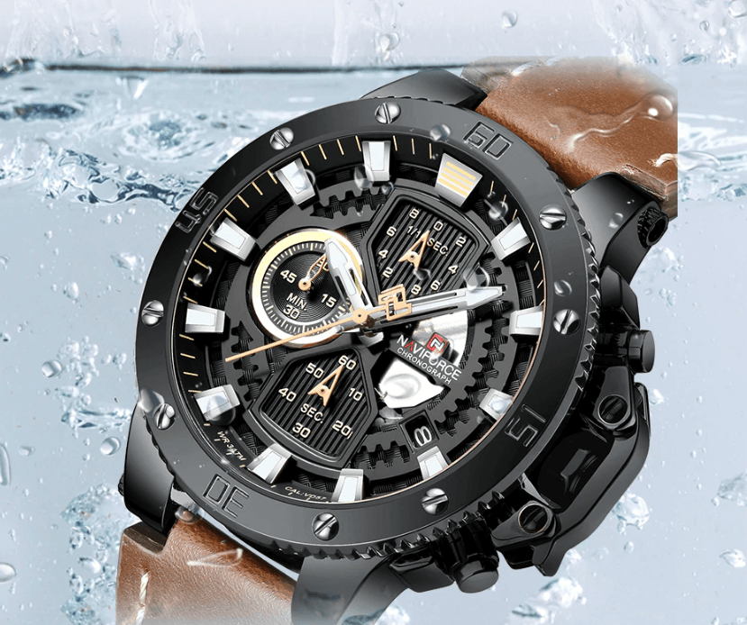 Men's casual waterproof chronograph watch Stevvex ST1N600MK, black dial, brown leather strap on Tampa Home & Garden Store