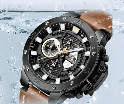 Men's casual waterproof chronograph watch Stevvex ST1N600MK, black dial, brown leather strap on Tampa Home & Garden Store
