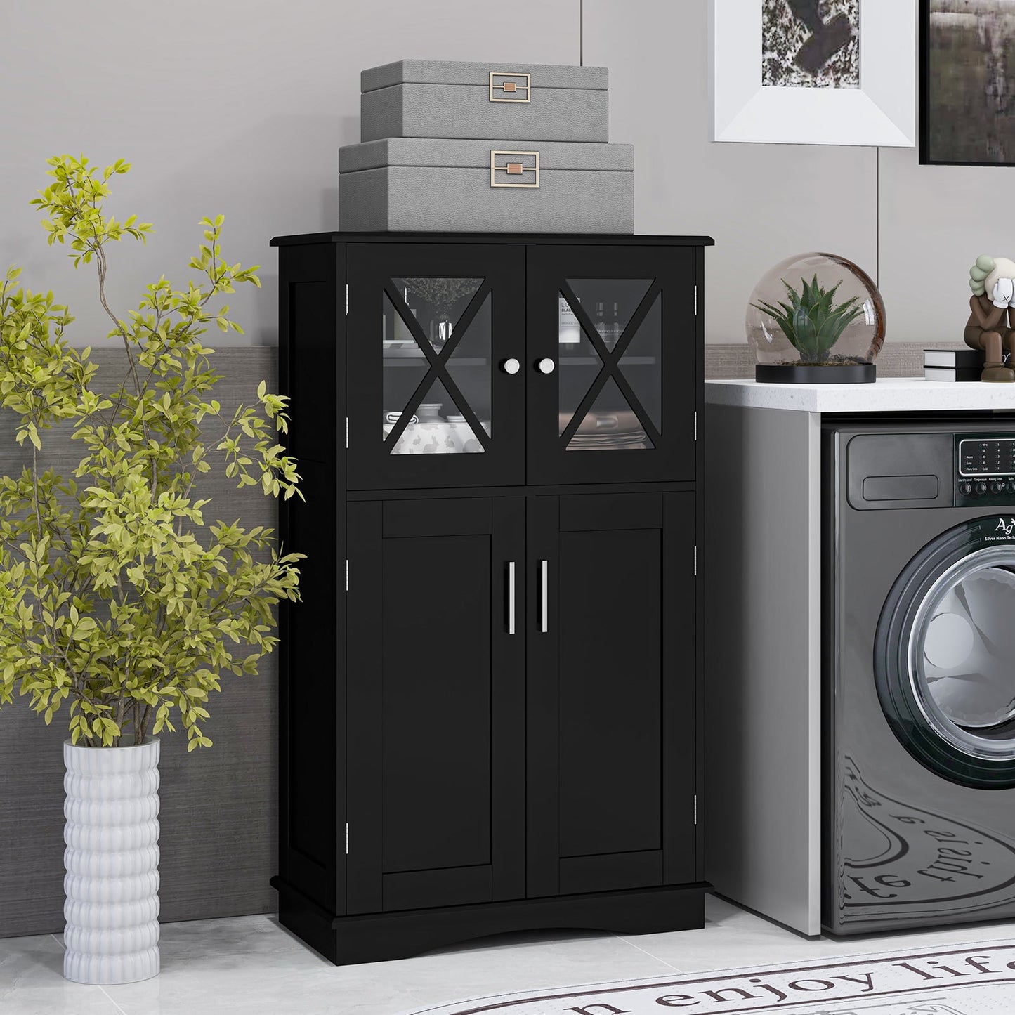 4-Door freestanding bathroom floor cabinet in black with glass X-pattern doors DirectDeals on Tampa Home & Garden Store