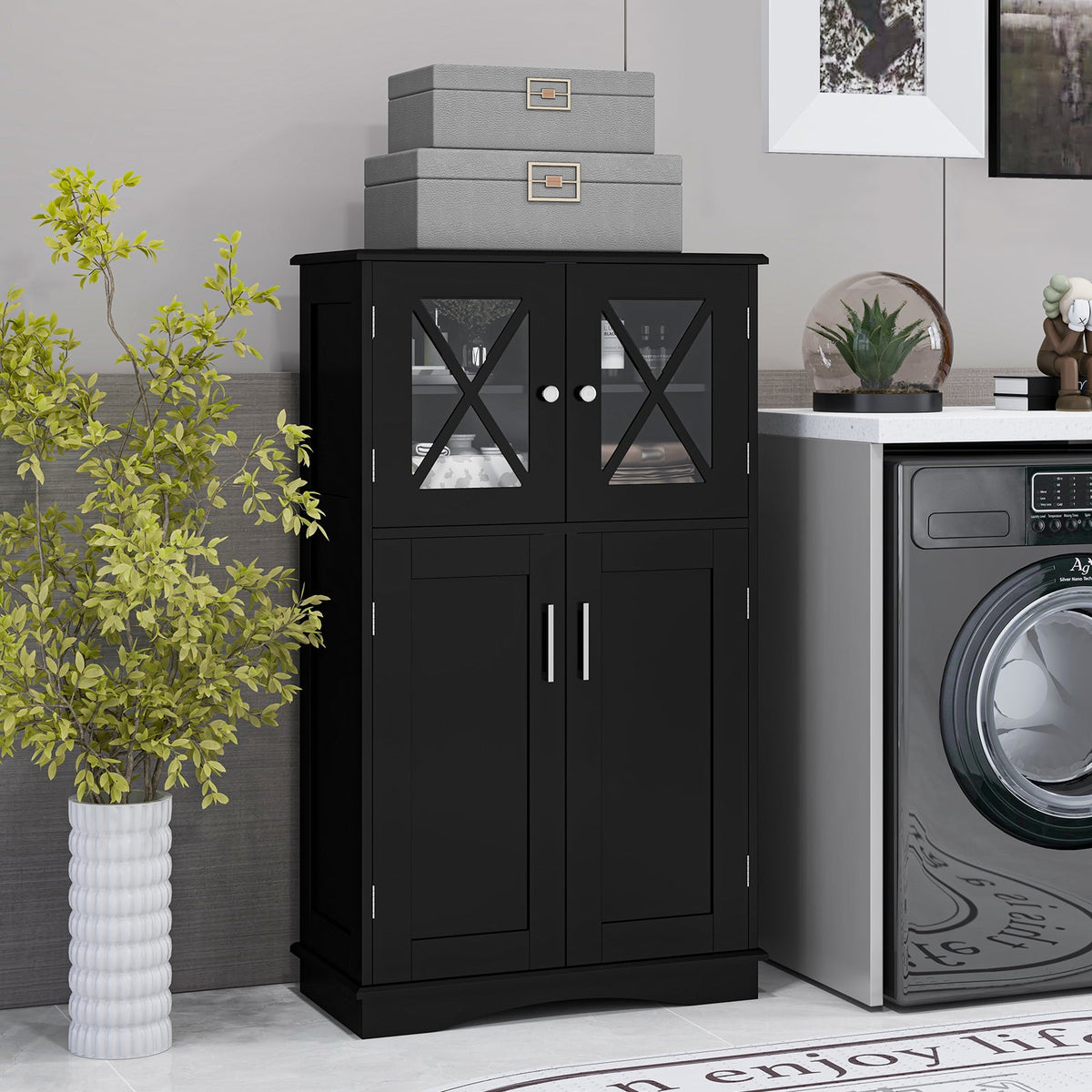 4-Door freestanding bathroom floor cabinet in black with glass X-pattern doors DirectDeals on Tampa Home & Garden Store