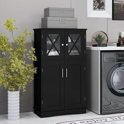 4-Door freestanding bathroom floor cabinet in black with glass X-pattern doors DirectDeals on Tampa Home & Garden Store
