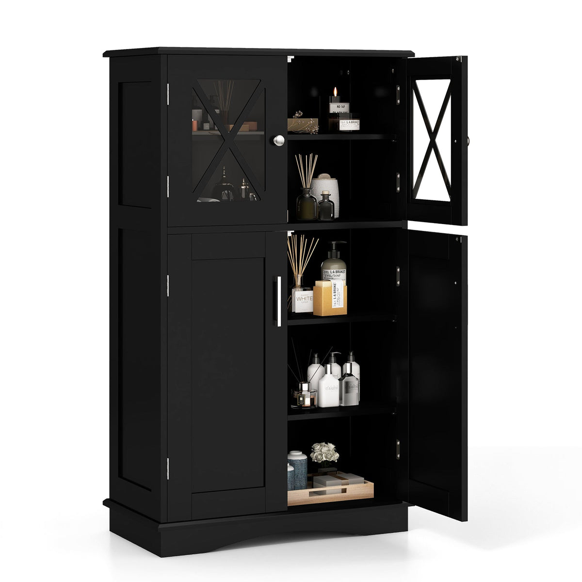 Black 4-door bathroom cabinet with adjustable shelves and glass door with X design on Tampa Home & Garden Store
