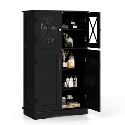 Black 4-door bathroom cabinet with adjustable shelves and glass door with X design on Tampa Home & Garden Store