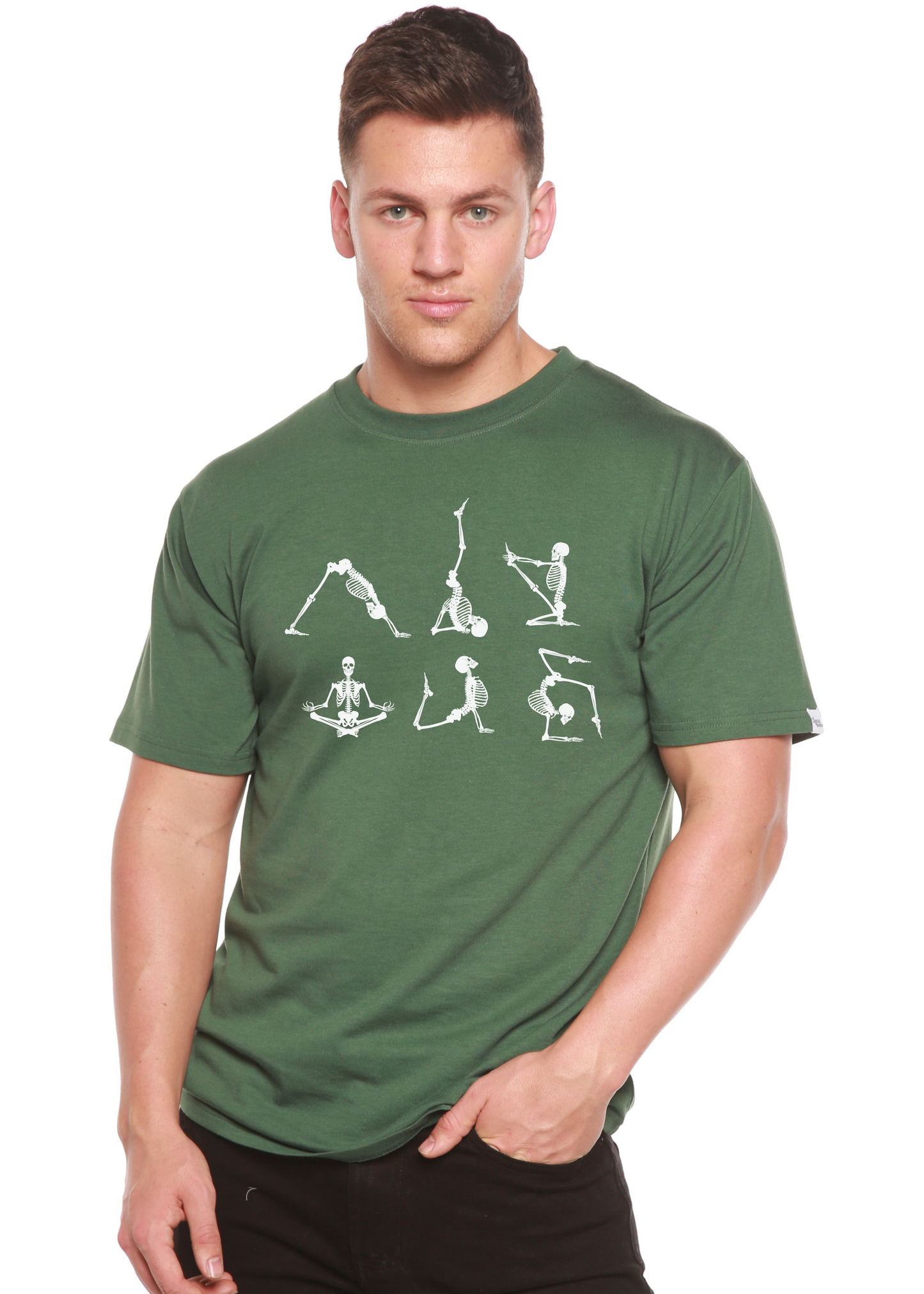 Men's green bamboo T-shirt with skeleton Namaste yoga graphic, Spun Bamboo on Tampa Home & Garden Store
