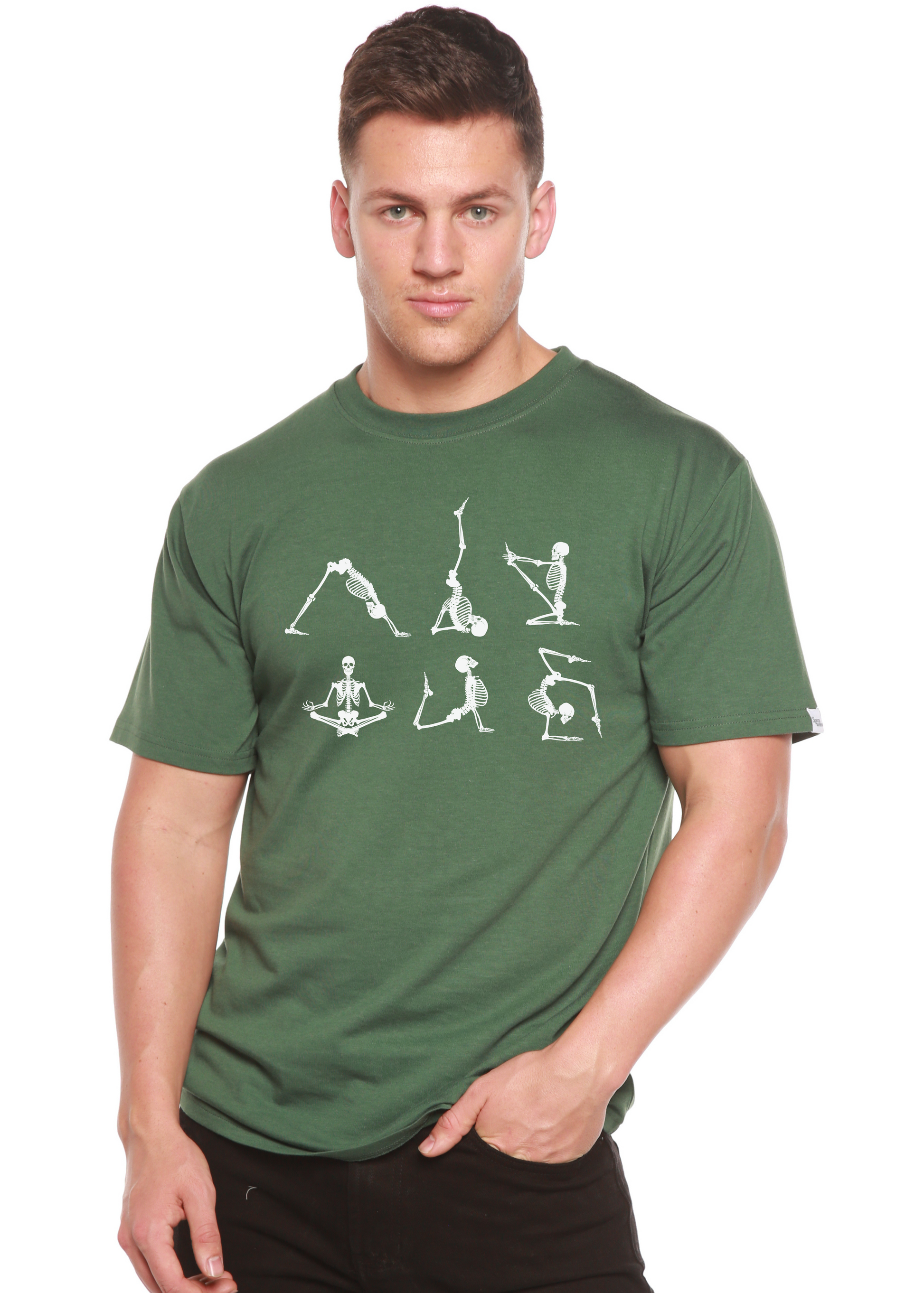 Men's green bamboo T-shirt with skeleton Namaste yoga graphic, Spun Bamboo on Tampa Home & Garden Store