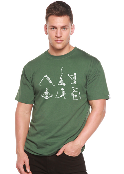 Men's green bamboo T-shirt with skeleton Namaste yoga graphic, Spun Bamboo on Tampa Home & Garden Store