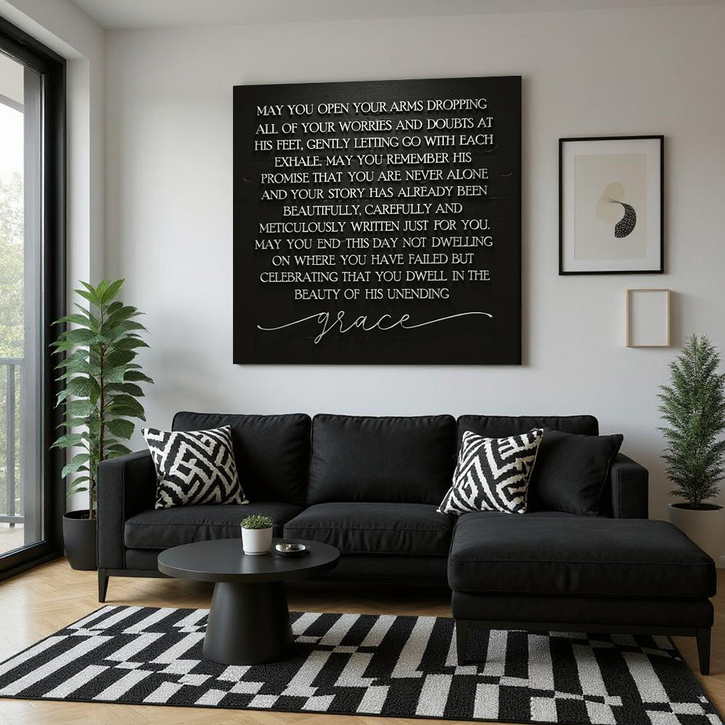 Unending Grace Faith Sign III canvas by Tailored Canvases, black on white script living room on Tampa Home & Garden Store