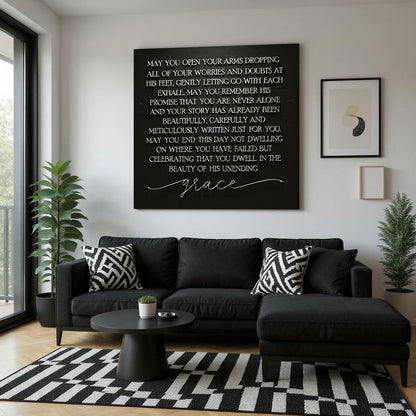 Unending Grace Faith Sign III canvas by Tailored Canvases, black on white script living room on Tampa Home & Garden Store