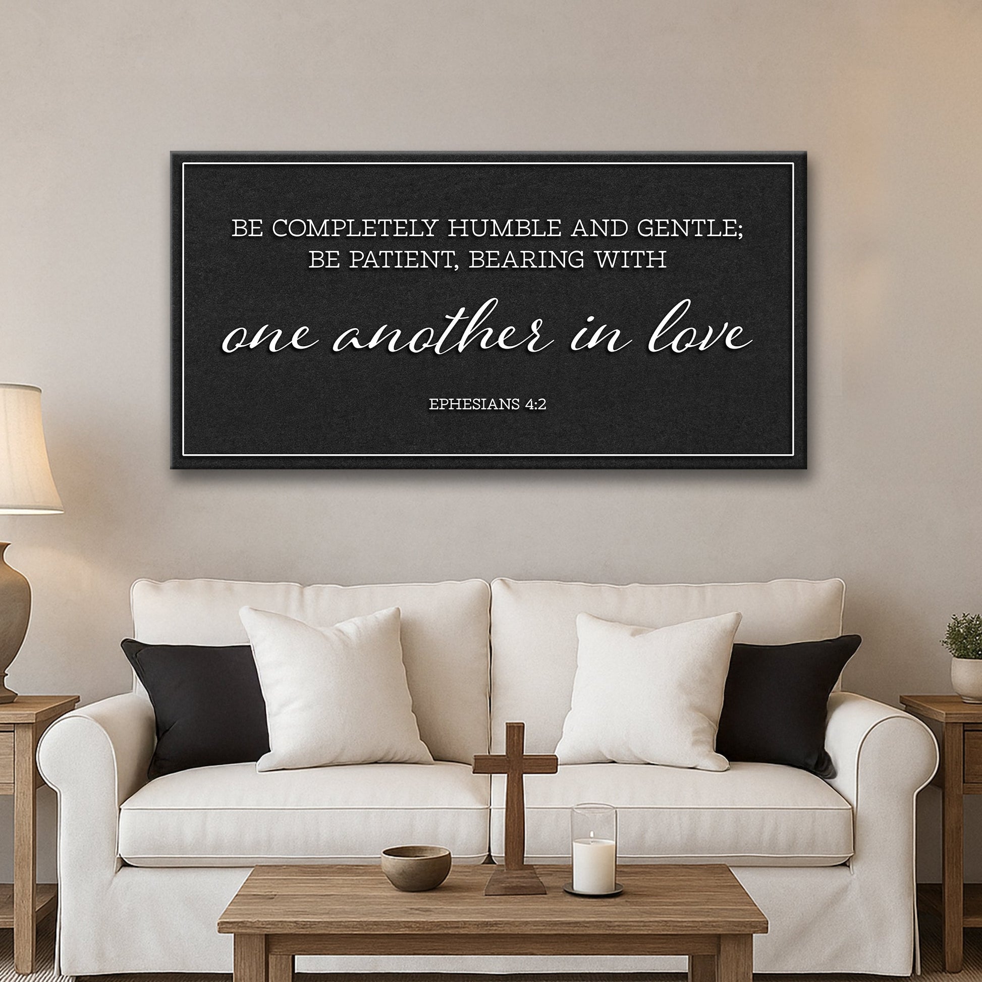 Tailored Canvases canvas sign Be Completely Humble And Gentle Ephesians 4:2 on black canvas on Tampa Home & Garden Store