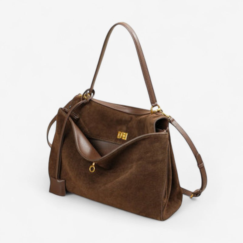 Large Rectangular Shoulder Handbag Moktan Sabai brown suede-look with gold hardware on Tampa Home & Garden Store