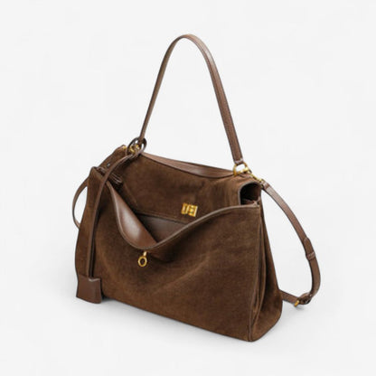 Large Rectangular Shoulder Handbag Moktan Sabai brown suede-look with gold hardware on Tampa Home & Garden Store