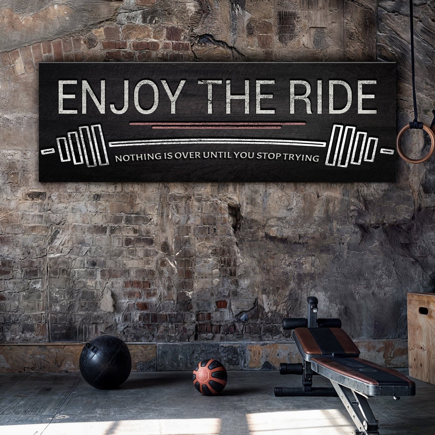 Enjoy The Ride Gym Sign canvas by Tailored Canvases; chalkboard with white text on wall on Tampa Home & Garden Store