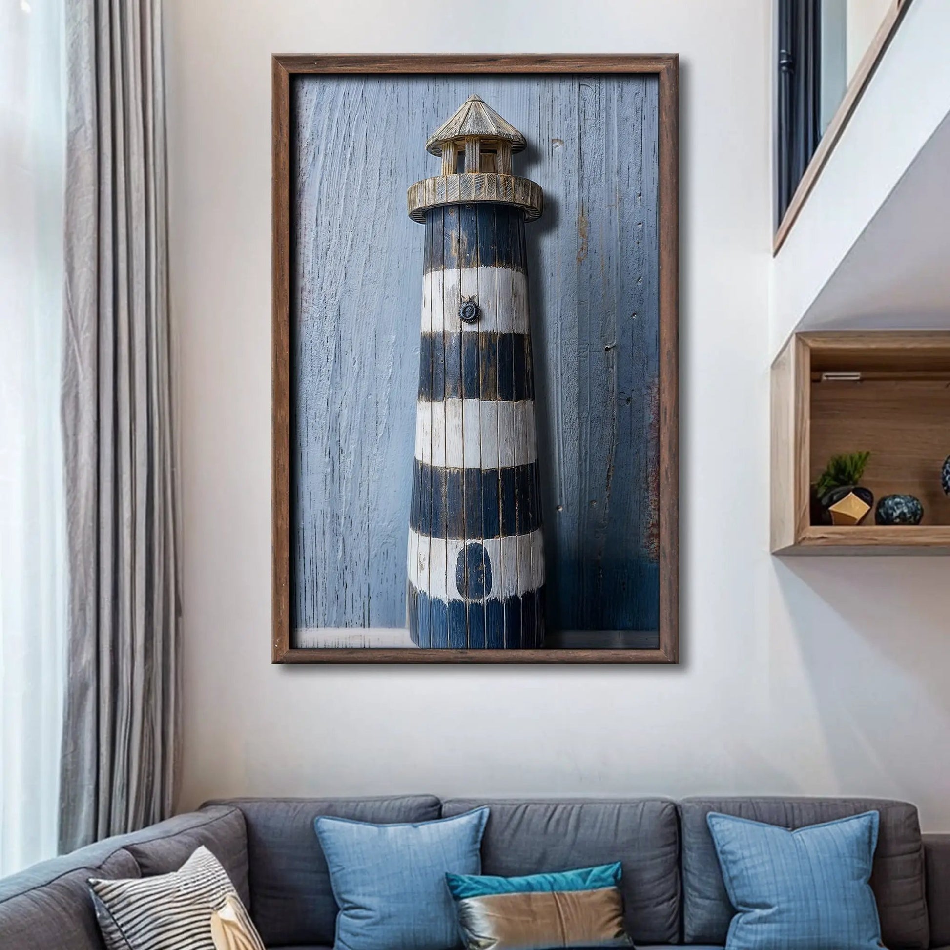 Framed wooden lighthouse coastal wall art on canvas blue weathered backdrop Tailored Canvases on Tampa Home & Garden Store