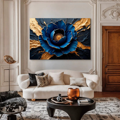 Sapphire Bloom Wall Art canvas by Tailored Canvases featuring blue flower with gold edges on Tampa Home & Garden Store