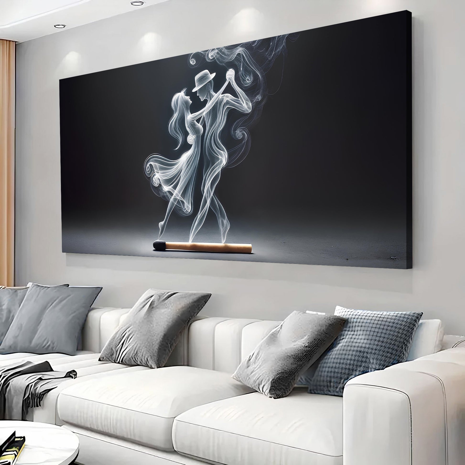 Modern Abstract Couple Dance Canvas smoky white silhouettes on dark backdrop Tailored Canvases on Tampa Home & Garden Store