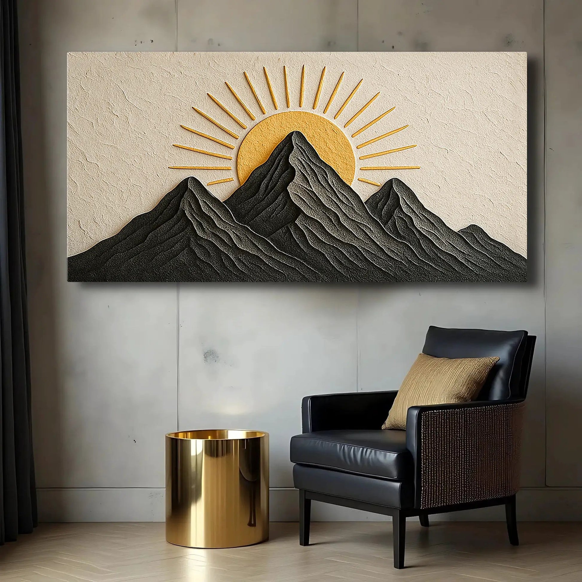 Mountain Majesty Wall Art canvas with golden sun and dark gray mountain peaks on Tampa Home & Garden Store