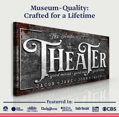 Theater Sign V canvas with distressed rusted metal texture and vintage typography on Tampa Home & Garden Store